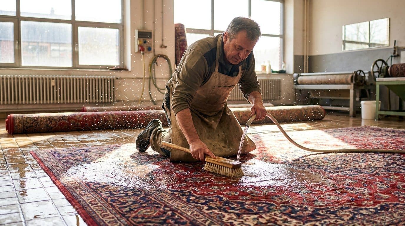 Traditionelle Handwäsche eines Perserteppichs