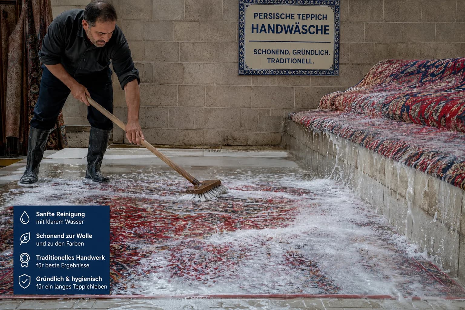 Schonende Handwäsche eines Perserteppichs in der Teppichwäscherei Hamburg