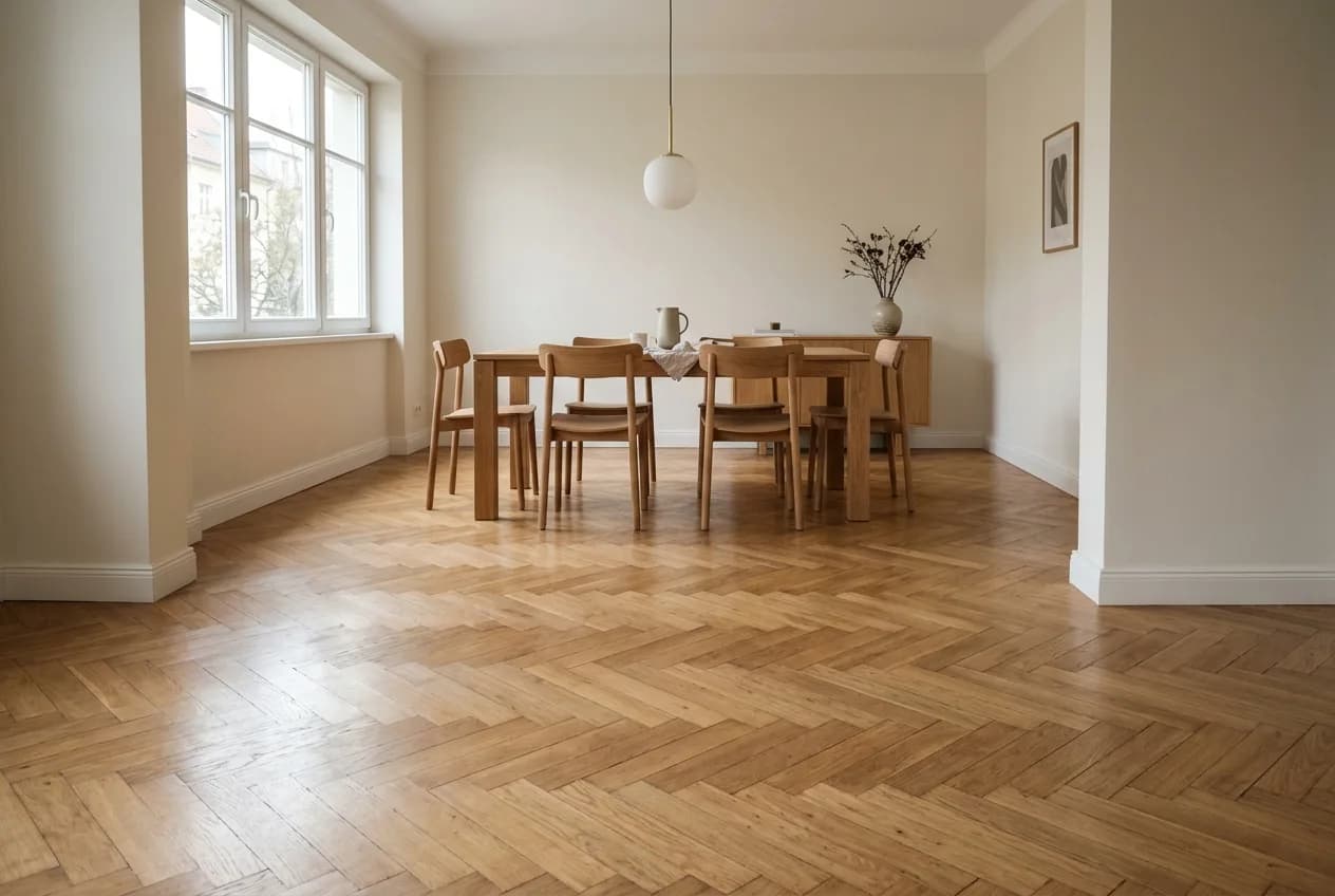 Esszimmer mit großem Tisch auf einem großformatigen Orientteppich