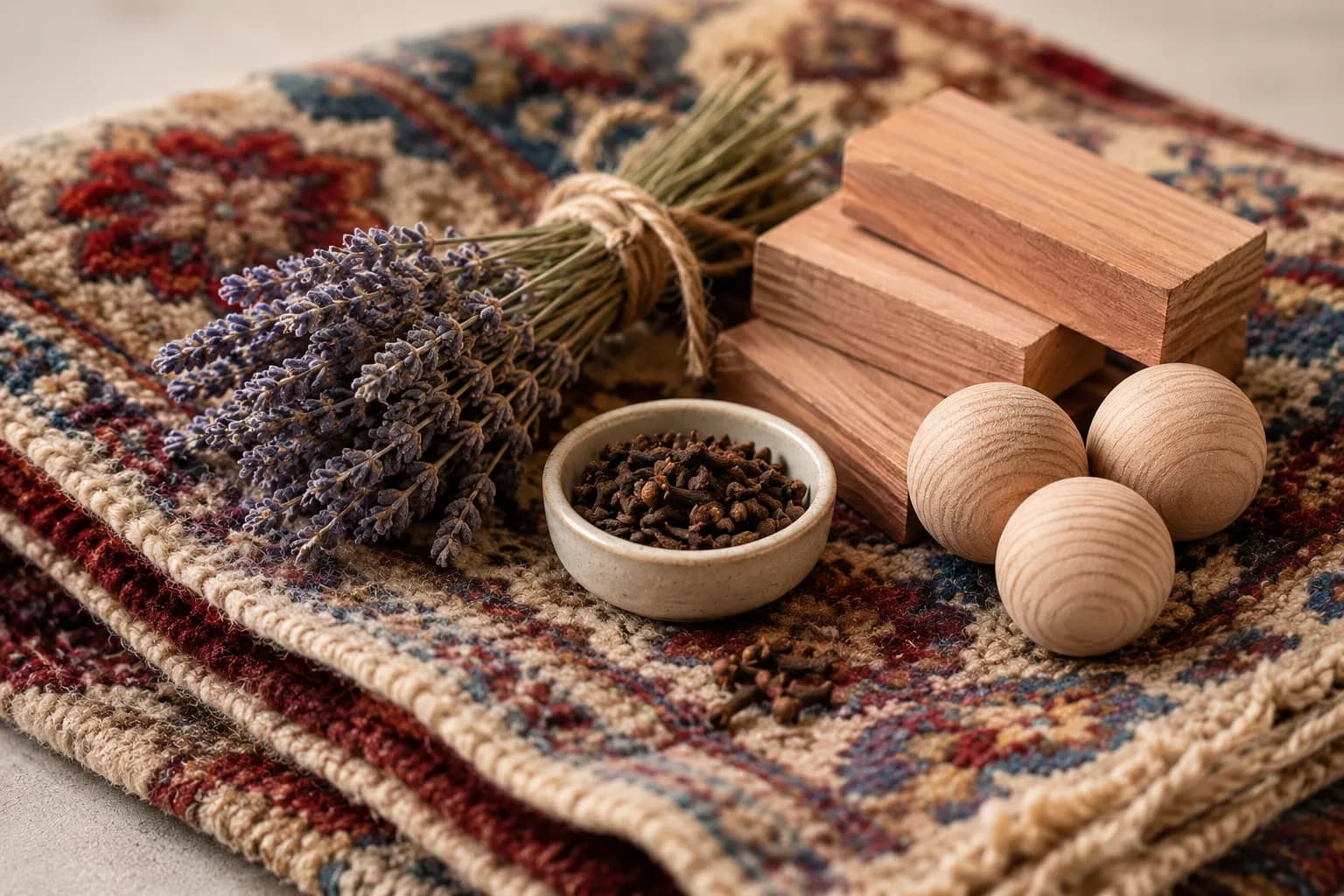 Lavendel und Zedernholz als natürlicher Mottenschutz auf einem Wollteppich