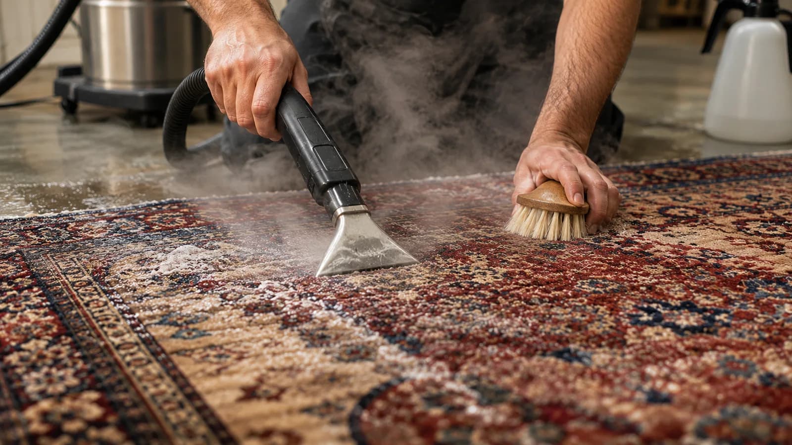 Professionelle Teppichreinigung eines handgeknüpften Orientteppichs in der Teppichwäscherei