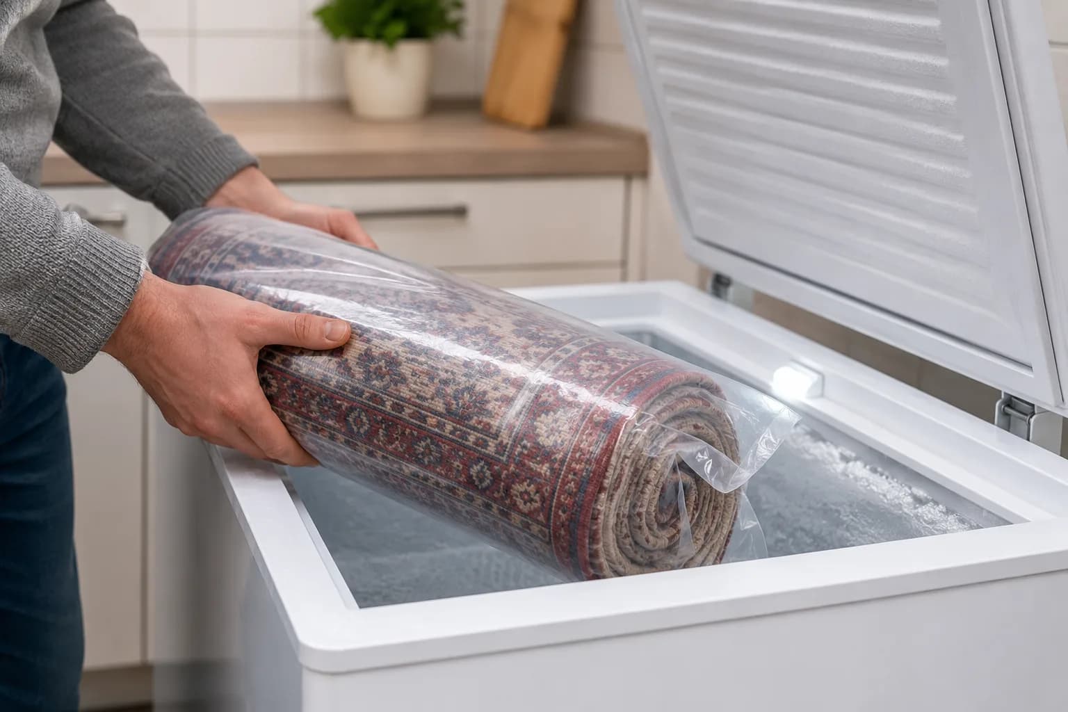 Kleiner Teppich im Gefrierbeutel zum Abtöten von Mottenlarven und Eiern