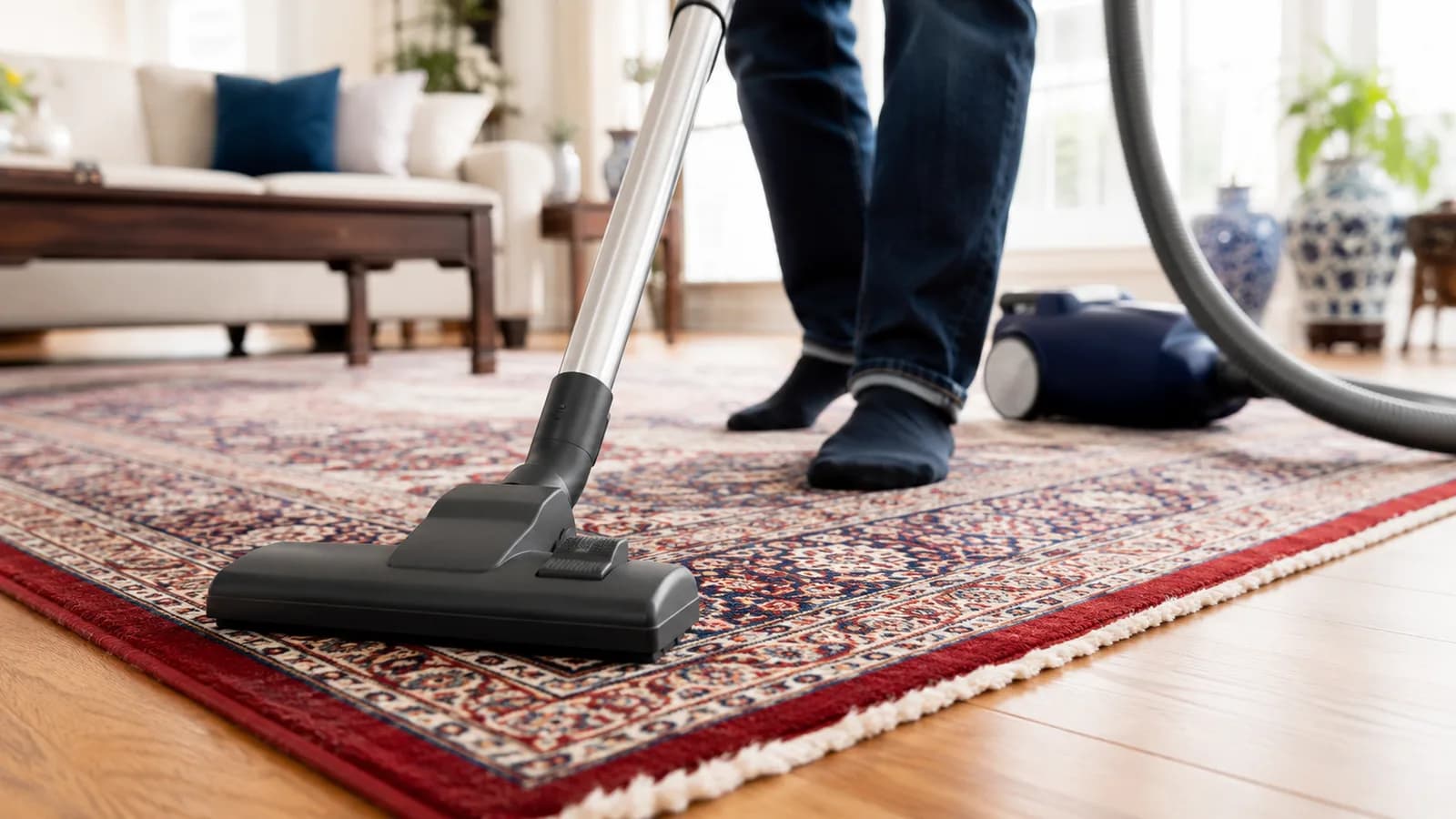 Gründliches Saugen eines Wollteppichs als erste Sofortmaßnahme zur Mottenbekämpfung
