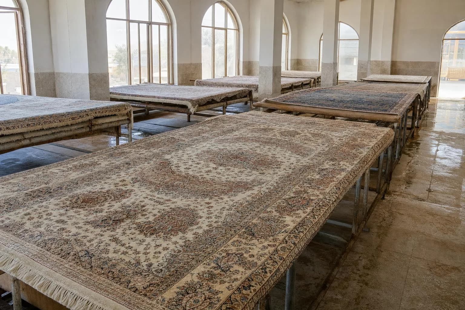 Nach der Geruchsbehandlung: frisch gewaschene Teppiche trocknen langsam in der luftigen Trockenhalle