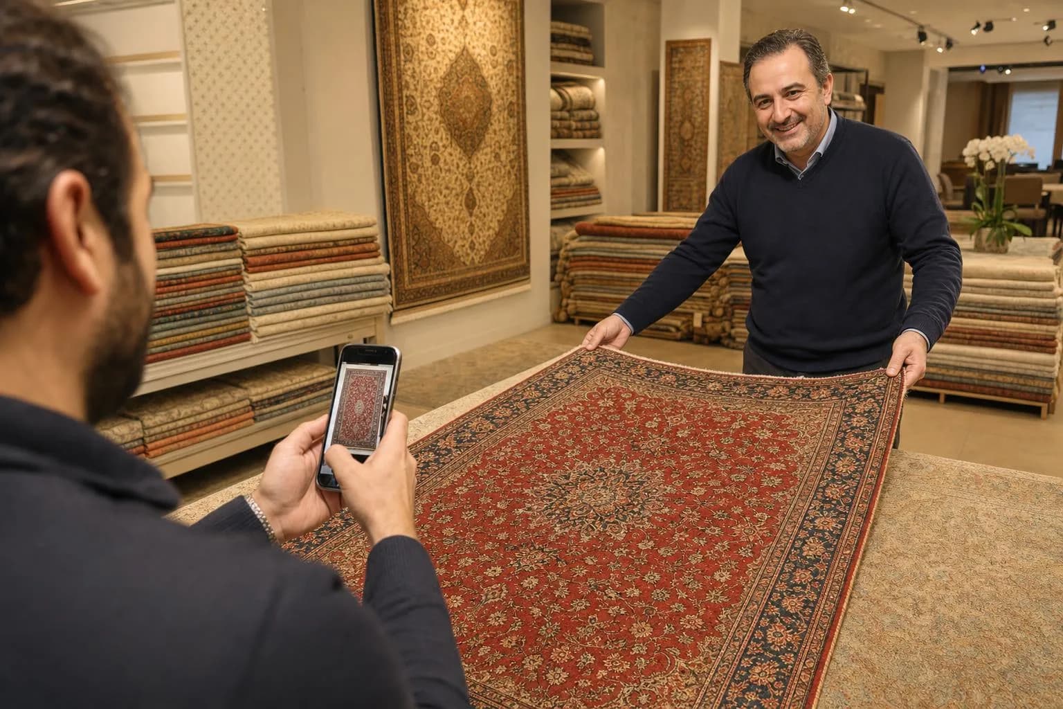 Perserteppich kaufen: Kunde zeigt Wunschteppich-Foto auf dem Smartphone, Händler präsentiert den passenden Orientteppich