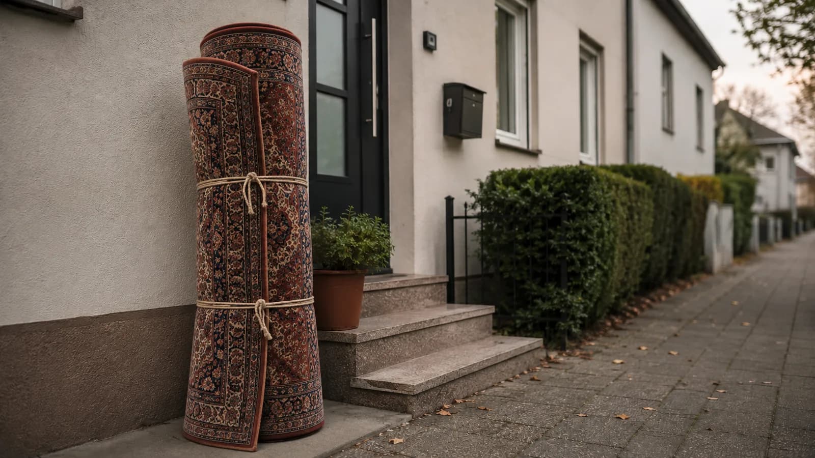 Zusammengerollter alter Teppich, bereit zur Entsorgung über den Sperrmüll